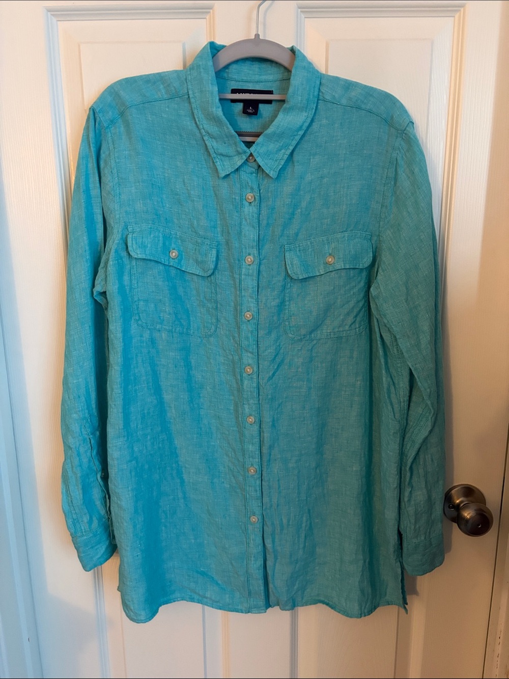 Lands' End Turquoise Long-Sleeve Button-Down Linen Shirt